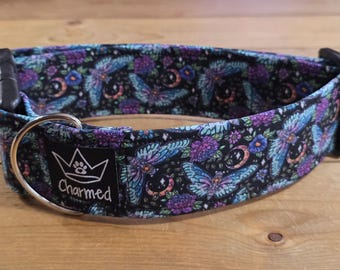14"-28" Dog Collar Collar 2" Width, Pet Collar, Medium, Large, XL Dog Collar, Moth, Cottagecore, Magical, Purple