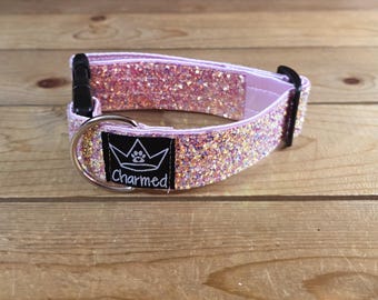 10"-18" PETITE Dazzle Dogs Dog Collar 1.5" Width, Small, Medium, Very Little Shedding, Glitter Collar, Satin Lined, Sparkle, Light Pink