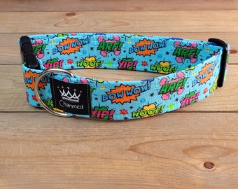 13"-26" Dog Collar 1.5" Width, Pet Collar, Medium, Large, XL, Dog Collar, Fun Dog Collar, Comic Book Dog Collar, Cartoon Dog Collar