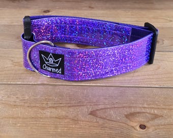 14"-28" Holographic Dog Collar 2" Width, Medium, Large, XL, Colorful, Holographic, Satin Lined, Purple