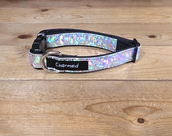 11"-22" Holographic Dog Collar 1" Width, Medium, Small, Large, Colorful, Holographic, Waterproof Ottertex Lined, Black & Silver