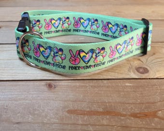 13"-26" Dog Collar 1.5" Width, Pet Collar, Medium, Large, XL Dog Collar, Peace Love Rescue, Patterned Webbing