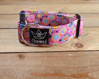 PETITE 10"-18" Dog Collar 1.5" Width, Pet Collar, Medium, Small, Paw Dog Collar, Pink Dog Collar, Girly