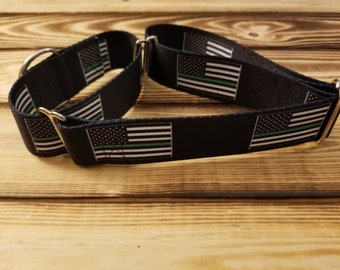 1.5" Width Thin Green Line Dog Collar or Martingale 14"-27", Designer Collar, One of a Kind, 1.5 Inch Width, Pet Collar