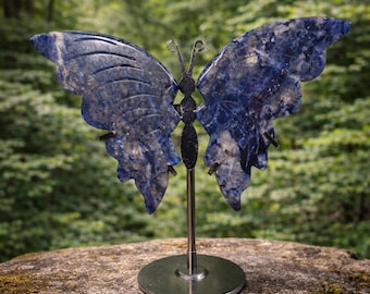 Sodalite Butterfly With Stand, 5.55oz on Stand, 5" Tall and 5.25" Wide, Beautiful Butterfly, Home Decor, Reiki, Healing, Sodalite