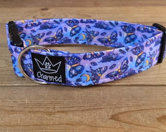 13"-26" Dog Collar 1.5" Width, Medium, Large, Big Dog Collar, Moth Collar, Moon, Purple, Girly, Summer