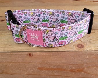 14"-28" Camping Dog Collar 2" Width, Pet Collar, Large, Medium, XL, Summer Fun, Pink, Girly Camping