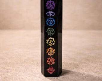 7 Chakra Laser Etched Black Obsidian Tower, 4" Tall, Crystal Healing Home Decor
