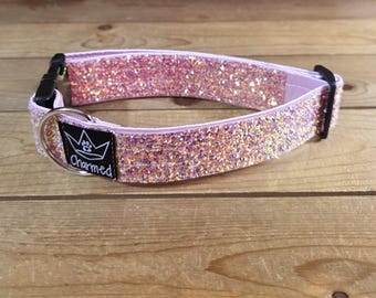 13"-26" Dazzle Dogs Dog Collar 1.5" Width, Large, Medium, XL, Very Little Shedding, Glitter Collar, Satin Lined, Sparkle, Light Pink