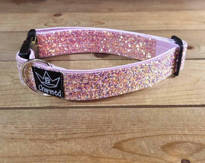 Featured listing image: 13"-26" Dazzle Dogs Dog Collar 1.5" Width, Large, Medium, XL, Very Little Shedding, Glitter Collar, Satin Lined, Sparkle, Light Pink