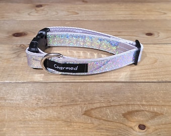 11"-22" Holographic Dog Collar 1" Width, Medium, Small, Large, Colorful, Holographic, Satin Lined, Silver