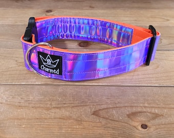 14"-28" Holographic Dog Collar 2" Width, Medium, Small, Large, XL, Colorful, Holographic, Waterproof Ottertex Lined, Orange & Purple