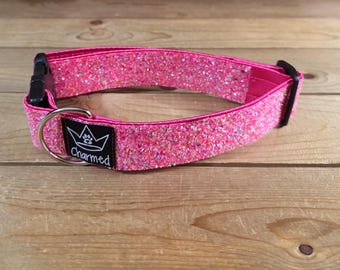 13"-26" Dazzle Dogs Dog Collar 1.5" Width, Large, Medium, XL, Very Little Shedding, Glitter Collar, Satin Lined, Sparkle, Hot Pink