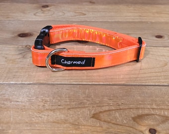 11"-22" Holographic Dog Collar 1" Width, Medium, Small, Large, Colorful, Holographic, Waterproof Ottertex Lined, Orange