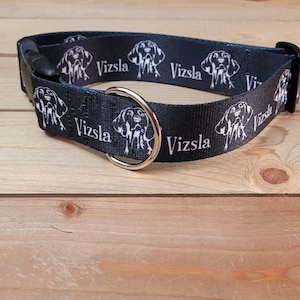 May include: Black dog collar with white Vizsla dog silhouettes and the word "Vizsla" repeated around the collar.