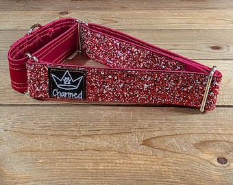 15"-28" Dazzle Dogs Martingale Collar 1.5" Width, Medium, Large, XL, Very Little Shedding, Glitter Collar, Satin Lined, Sparkle, Red