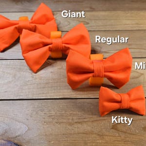 May include: Four bright orange fabric bow ties arranged in a diagonal line, labelled Giant, Regular, Mini, and Kitty. Each bow tie features a central fabric knot and a matching orange elastic loop on the back for attachment to a collar or accessory.