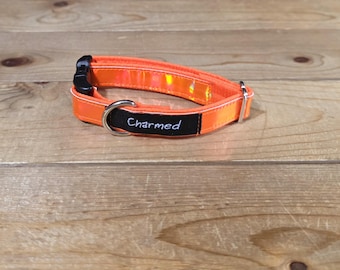 9"-18" Holographic Dog Collar 3/4" Width, Medium, Small, Colorful, Waterproof Ottertex Lined, Orange