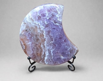 Crazy Lace Agate & Amethyst Moon 14oz, 5" Tall, Beautiful Moon Carving, Stand Included