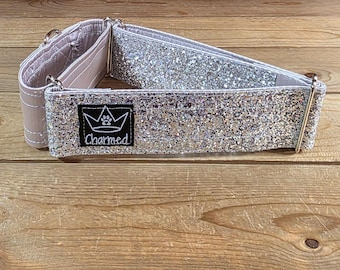 16"-28" Dazzle Dogs Martingale Collar 2" Width, Medium, Large, XL, Very Little Shedding, Glitter Collar, Satin Lined, Sparkle Dog, Silver