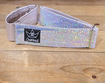 14"-26" Holographic Martingale Collar 2" Width, Medium, Large, XL, Colorful, Satin Lined, Silver
