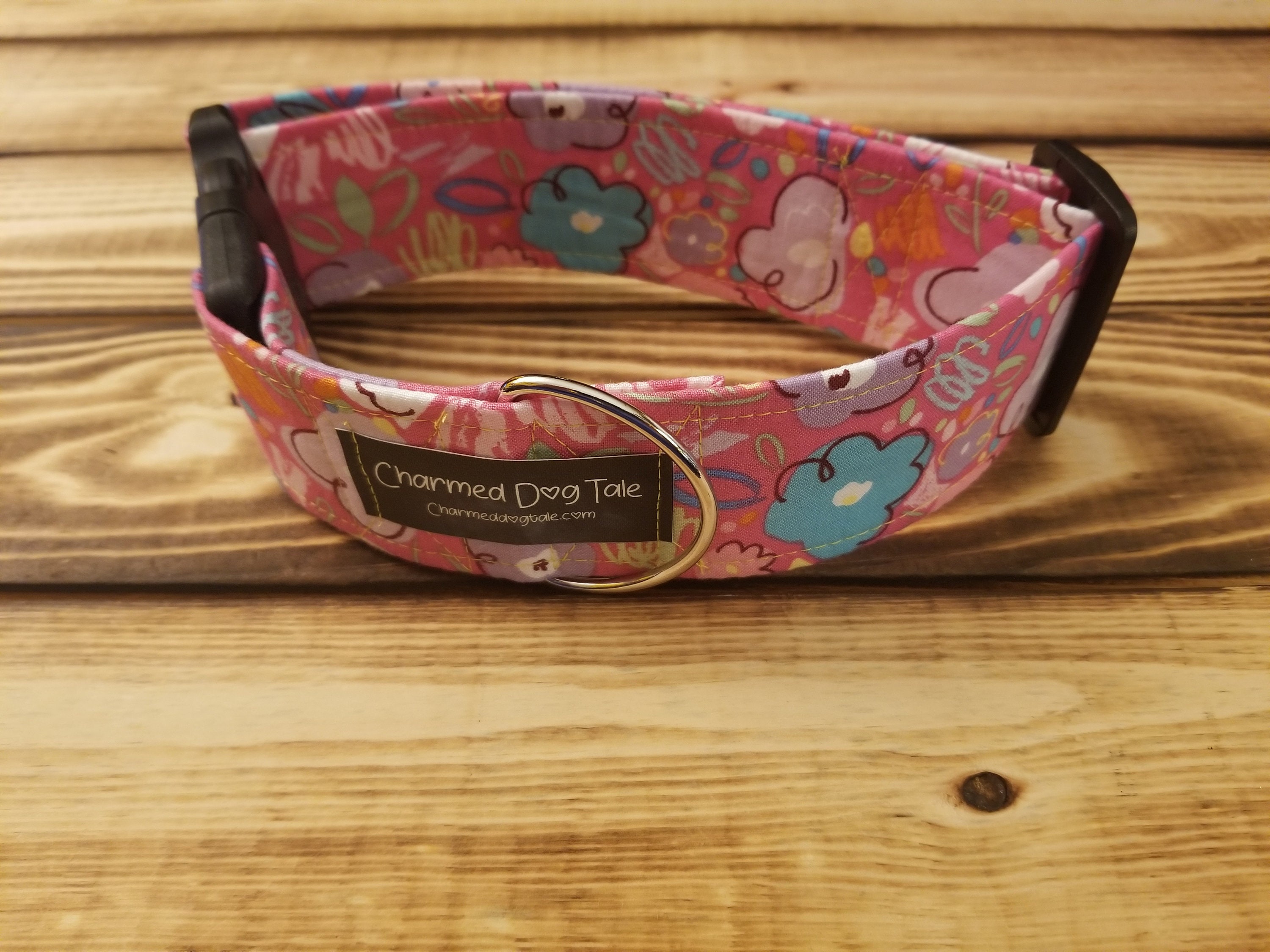 1426 Pink Flowers Dog Collar 2 Width, Fabric Collar, Pet Collar