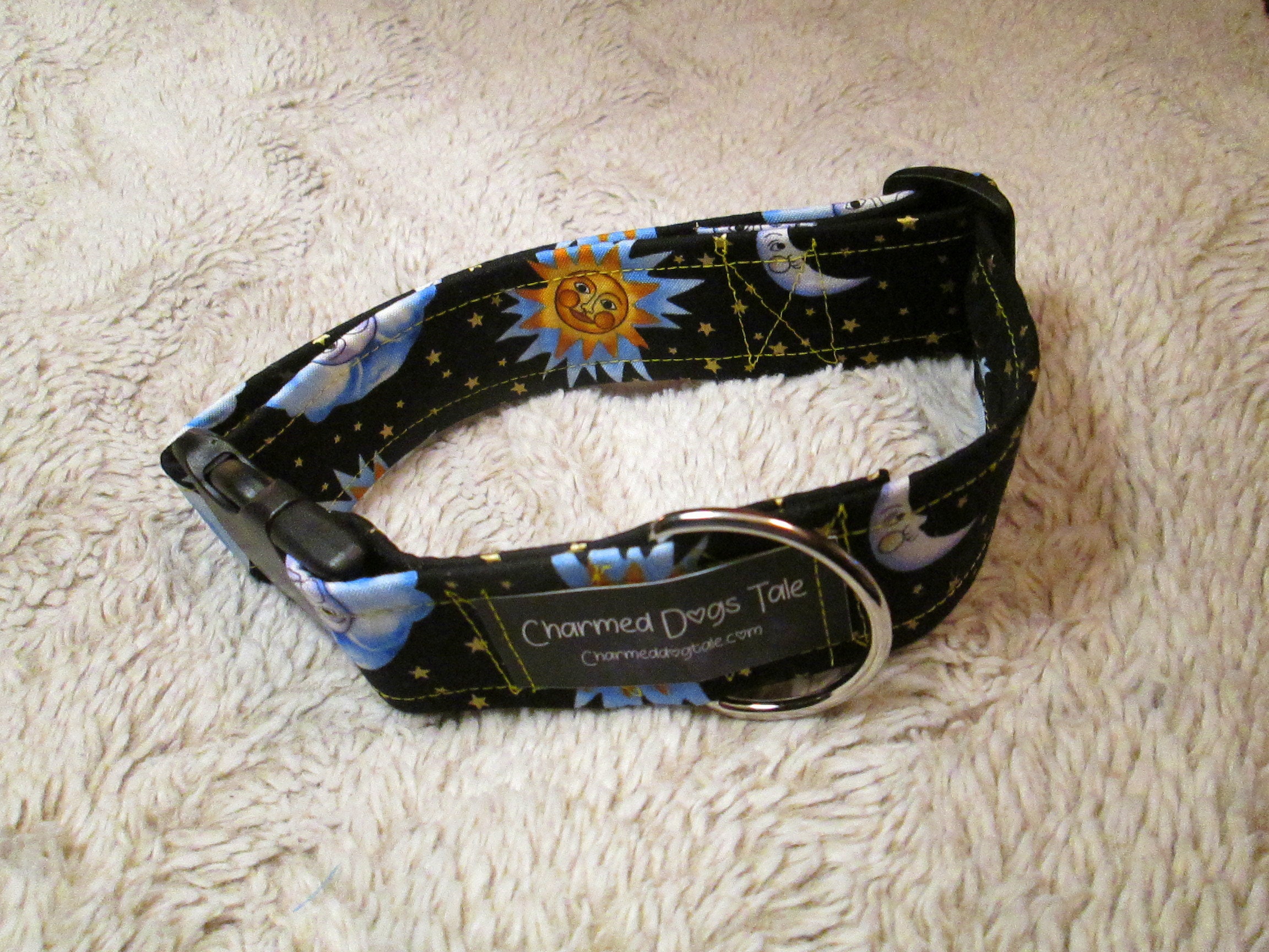 1324 Sun & Moon Dog Collar 1.5 Width, Fun Dog Collar, Fabric Collar