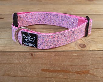 13"-26" Glitter Dog Collar 1.5" Width, Small, Medium, Large, Very Little Shedding, Glitter Collar, Satin Lined, Sparkle, Light Pink