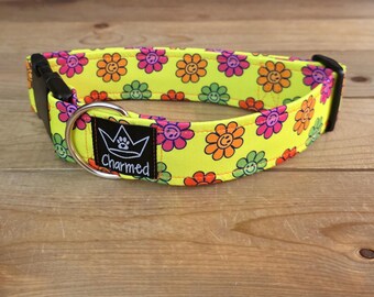 13"-26" Neon Flowers Dog Collar 1.5" Width, Pet Collar, Medium, Large, XL, Neon Dog Collar, Flower Dog Collar, Buckle Dog Collar, Smiley