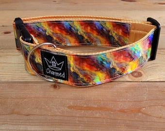 14"-28" Holographic Marble Collar 2" Width, Pet Collar, Large, Medium, XL, Holographic Vinyl, Satin Lining