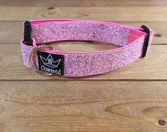 13"-26" Dazzle Dogs Dog Collar 1.5" Width, Large, Medium, XL, Very Little Shedding, Glitter Collar, Satin Lined, Sparkle, Pink