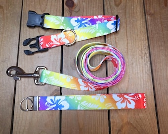 1" Width Collar & Leash Set, 5ft Leash, Collar Adjusts 11"-22", Wide Barrel Snap Hook, Patterned Webbing, Free Wrist Lanyard, Hibiscus