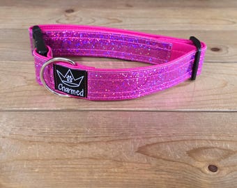 13"-26" Holographic Dog Collar 1.5" Width, Medium, Small, Large, XL, Colorful, Holographic, Waterproof Ottertex Lined, Pink