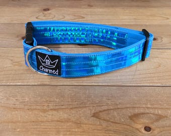 13"-26" Holographic Dog Collar 1.5" Width, Medium, Small, Large, XL, Colorful, Holographic, Waterproof Ottertex Lined, Teal