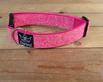 13"-26" Glitter Dog Collar 1.5" Width, Small, Medium, Large, Very Little Shedding, Glitter Collar, Satin Lined, Sparkle, Hot Pink