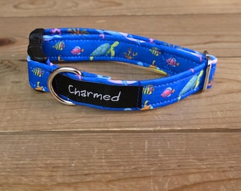 9"-18" Dog Collar 3/4" Width, Pet Collar, Medium, Small, Little Dog Collar, Turtle, Ocean, Buckle Collar
