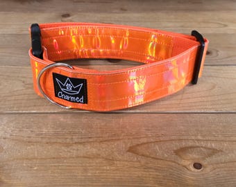 14"-28" Holographic Dog Collar 2" Width, Medium, Small, Large, XL, Colorful, Holographic, Waterproof Ottertex Lined, Orange