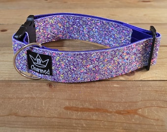 14"-28" Glitter Dog Collar 2" Width, Small, Medium, Large, XL, Very Little Shedding, Glitter Collar, Satin Lined, Sparkle, Purple Confetti