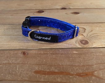 9"-18" Glitter Dog Collar 3/4" Width, Small, XS, Very Little Shedding, Glitter Collar, Satin Lined, Sparkle, Royal Blue