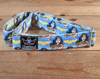 14"-27" Martingale Collar 1.5" Width, Pet Collar, Medium, Large, Big Dog Collar, Comic Martingale, Wonder, Woman, 80's Throwback, Superhero