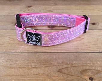 13"-26" Holographic Dog Collar 1.5" Width, Medium, Small, Large, XL, Colorful, Holographic, Satin Lined, Light Pink