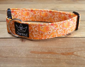 13"-26" Dog Collar 1.5" Width, Pet Collar, Medium, Small, Large, XL, Horse Dog Collar, Girly Dog Collar, Summer, Orange, Floral