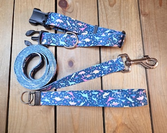 1" Width Collar & Leash Set, 5ft Leash, Collar Adjusts 11"-22", Wide Barrel Snap Hook, Patterned Webbing, Free Wrist Lanyard, Dinosaur