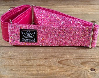16"-28" Dazzle Dogs Martingale Collar 2" Width, Medium, Large, XL, Very Little Shedding, Glitter Collar, Satin Lined, Sparkle Dog, Hot Pink