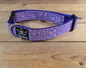 13"-26" Dazzle Dogs Dog Collar 1.5" Width, Large, Medium, XL, Very Little Shedding, Glitter Collar, Satin Lined, Sparkle, Purple