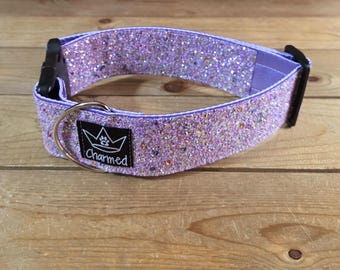 14"-28" Dazzle Dogs Dog Collar 2" Width, Large, Medium, XL, Very Little Shedding, Glitter Collar, Satin Lined, Sparkle, Lavender