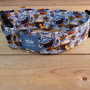 14"-28" Bees & Teas Dog Collar 2" Width, Pet Collar, Medium, Large, XL, Tea Dog Collar, Bee Dog Collar, Cottagecore
