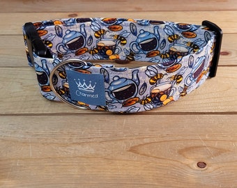 14"-28" Bees & Teas Dog Collar 2" Width, Pet Collar, Medium, Large, XL, Tea Dog Collar, Bee Dog Collar, Cottagecore