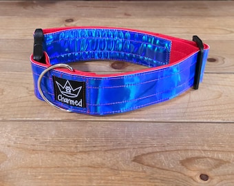 14"-28" Holographic Dog Collar 2" Width, Medium, Small, Large, XL, Colorful, Holographic, Waterproof Ottertex Lined, Red & Blue