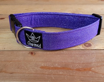 13"-27" Purple Glitter Dog Collar 1.5" Width, Pet Collar, Medium, Large, XL, Sparkle Collar, Colorful Dog Collar, Glitter Fabric